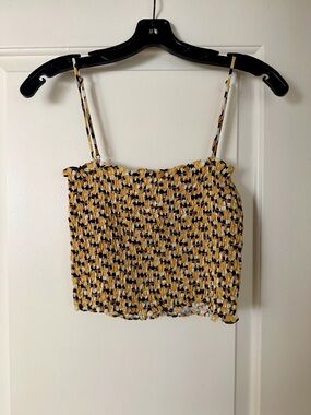 RESA Smocked Crop Top Gold Black White Print Size Medium NWOT